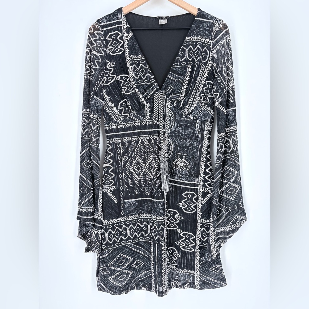Venus Boho Black & White Long Sleeve Mini Dress